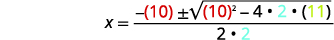 The quadratic formula is shown with values substituted for solving an equation: x = (- (10) +/- sqrt((10)^2 - 4 * 2 * (11))) / (2 * 2). The numbers 10, 2, and 11 are color-coded in red, cyan, and yellow, respectively.