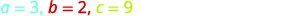 The image displays the values of three variables: a=3, b=2, and c=9, written in different colors on a white background.
