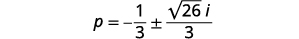 The image shows the complex solution for p, expressed as p = -1/3 plus or minus (square root of 26 multiplied by i) all divided by 3, written in a clear, standard mathematical notation.