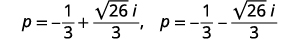 The image displays the two complex conjugate values for 'p': p = -1/3 + (sqrt(26)i)/3 and p = -1/3 - (sqrt(26)i)/3.