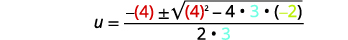 An example of the quadratic formula in use, with coefficients 'b=4', 'a=3', and 'c=-2' substituted to find the value of 'u'. The values are color-coded for clarity.