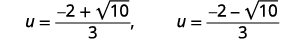 Two mathematical expressions are shown for the variable u. The first is u equals negative two plus the square root of ten, all divided by three. The second is u equals negative two minus the square root of ten, all divided by three.