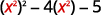 The mathematical expression (x^2)^2 - 4(x^2) - 5 is shown, representing a quadratic form in terms of x^2. The 'x' variable and its exponents are highlighted in red.