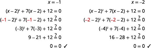 Verification of solutions for a quadratic equation (x-2)^2 + 7(x-2) + 12 = 0, showing that both x=-1 and x=-2 satisfy the equation.