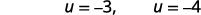The image displays two mathematical expressions: u = -3, and u = -4, written in a clear, sans-serif font against a plain white background.