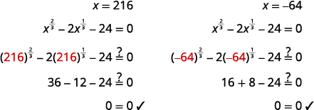 This image demonstrates verifying the solutions x=216 and x=-64 for the equation x^(2/3) - 2x^(1/3) - 24 = 0 by substituting them into the equation, both resulting in 0=0.