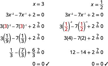 Two algebraic problems demonstrate the verification of solutions for the equation 3x^-2 - 7x^-1 + 2 = 0, with x=3 and x=1/2 both resulting in 0=0.