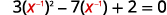 A mathematical equation is displayed: 3(x⁻¹)² - 7(x⁻¹) + 2 = 0. The variable 'x' is shown in red, with an exponent of -1. The equation features a quadratic form with respect to x⁻¹.