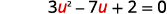 A quadratic equation is displayed on a white background: 3u^2 - 7u + 2 = 0. The coefficients for the u-squared and u terms, '3u' and '7u', are highlighted in red, contrasting with the black numbers and operators.