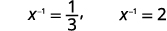 Two mathematical equations are displayed: x^-1 = 1/3, and x^-1 = 2. Both equations show an inverse power of x set equal to a constant value, with the first constant being a fraction and the second an integer.