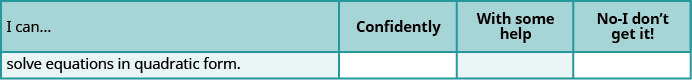 This table provides a checklist to evaluate mastery of the objectives of this section. Choose how would you respond to the statement “I can solve equations in quadratic form.” “Confidently,” “with some help,” or “No, I don’t get it.”