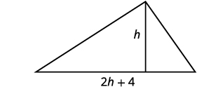 A geometric diagram depicts a triangle with a height 'h' drawn from its apex to its base, dividing it into two right-angled triangles. The total length of the base is labeled '2h + 4'.