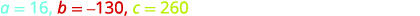 The values a = 16, b = -130, and c = 260 are displayed in colorful text against a white background.