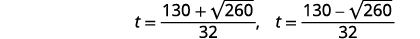 Two mathematical expressions are displayed on a white background, showing the variable 't' defined by two different fractions: t = (130 + sqrt(260)) / 32 and t = (130 - sqrt(260)) / 32.