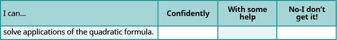 This table provides a checklist to evaluate mastery of the objectives of this section. Choose how would you respond to the statement “I can solve applications of the quadratic formula.” “Confidently,” “with some help,” or “No, I don’t get it.”