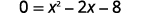 A mathematical equation shows '0 = x^2 - 2x - 8' against a white background.