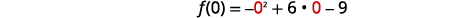 Substitution into a quadratic function: The equation f of x equals negative x squared plus six x minus nine is evaluated at x equals zero, demonstrating how to find the value of the function when zero is input.