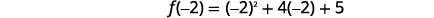 A mathematical equation is displayed, showing the function f evaluated at -2: f(-2) = (-2)^2 + 4(-2) + 5, which involves squaring, multiplication, and addition.
