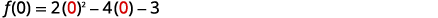 The image shows the evaluation of a quadratic function at x=0, specifically f(0) = 2(0)^2 - 4(0) - 3, simplifying to -3.