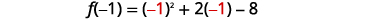 A mathematical equation shows the evaluation of a function f(x) at x=-1, with the expression f(-1) = (-1)^2 + 2(-1) - 8. The number -1 is highlighted in red to emphasize the substitution.