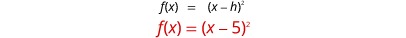 Two mathematical equations are shown: f(x) = (x - h) squared in black and f(x) = (x - 5) squared in red, demonstrating a quadratic function and its specific form.