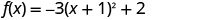 A mathematical equation is displayed against a white background. The equation reads: f(x) = -3(x + 1)^2 + 2. It represents a quadratic function in vertex form.