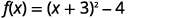 A mathematical equation is displayed on a white background: f(x) = (x + 3)^2 - 4. This represents a quadratic function in vertex form.