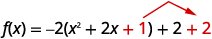 An algebraic expression f(x) = -2(x^2 + 2x + 1) + 2 + 2, highlighting the addition of 1 inside the parenthesis and the compensating addition of 2 outside, as shown by the red numbers and arrow.