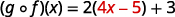 A mathematical equation showing the composition of functions (g o f)(x) = 2(4x - 5) + 3, with the term 4x - 5 highlighted in red.
