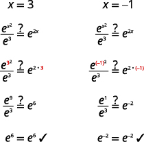Step-by-step verification that e^(x^2) / e^3 = e^(2x) for x=3 and x=-1, demonstrating equality through algebraic simplification of exponents.