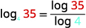 The image displays the logarithm change of base formula, showing that log base 4 of 35 is equal to the ratio of log 35 to log 4, illustrating how to convert logarithms to a different base.
