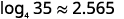 The image displays the logarithm expression 'log base 4 of 35 is approximately equal to 2.565' in black text on a white background.