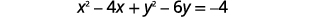 The image displays the algebraic equation x^2 - 4x + y^2 - 6y = -4 on a white background, representing a circle in its general form.