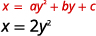 Two mathematical equations are displayed: x = ay^2 + by + c, shown in red, and x = 2y^2, shown in black. Both equations define x in terms of y, with the first being a general quadratic in y and the second a specific instance.