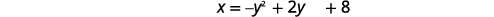 The image displays the quadratic equation x = -y^2 + 2y + 8, written in a clear, legible font against a plain white background.
