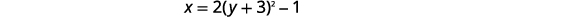 A mathematical equation is presented against a white background. The equation reads: x = 2(y + 3)^2 - 1.
