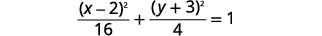 An equation for an ellipse is displayed: the quantity x minus 2 squared over 16, plus the quantity y plus 3 squared over 4, equals 1.