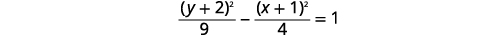 A mathematical equation for a hyperbola is displayed, reading as (y+2)^2 / 9 - (x+1)^2 / 4 = 1. The equation shows two squared binomials over numerical denominators, set equal to one.