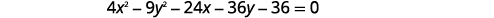 A mathematical equation is displayed on a white background: 4x^2 - 9y^2 - 24x - 36y - 36 = 0.