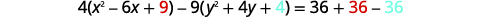 An algebraic equation: 4(x^2 - 6x + 9) - 9(y^2 + 4y + 4) = 36 + 36 - 36, illustrating a step in completing the square for a conic section, with specific constants highlighted.