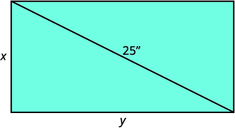 A light blue rectangle with sides labeled 'x' and 'y', and a diagonal line across it labeled '25''.