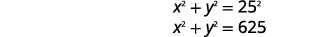 Two mathematical equations are displayed: x squared plus y squared equals 25 squared, which simplifies to x squared plus y squared equals 625. These represent the equation of a circle.