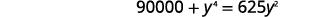 A mathematical equation is displayed, reading '90000 + y^4 = 625y^2' against a white background.