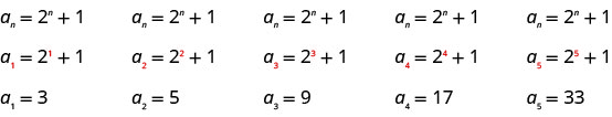 This figure shows three rows and five columns. The first row reads “nth term equals 2 to the nth power plus 1” written five times. The second row reads, “a sub 1 equals 2 times 1 plus 1, a sub 2 equals 2 to the power of 2 plus 1, a sub 3 equals 2 to the power 3 plus 1, a sub 4 equals 2 to the power of 4 plus 1, a sub 5 equals 2 to the power 5 plus 1”. The last row reads “a sub 1 equals 3, a sub 2 equals 5, a sub 3 equals 9, a sub 4 equals 17, a sub 5 equals 33”.