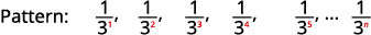 Mathematical pattern: a sequence of fractions where the numerator is 1 and the denominator is 3 raised to a positive integer power (1/3^n).