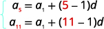 This image displays two equations representing specific terms of an arithmetic sequence. The first equation, a_5 = a_1 + (5 - 1)d, calculates the 5th term (a_5). The second equation, a_11 = a_1 + (11 - 1)d, calculates the 11th term (a_11). In both formulas, a_1 represents the first term of the sequence and d represents the common difference.