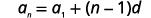 The image shows the formula for the nth term of an arithmetic progression, which is a_n = a_1 + (n-1)d.