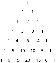 This figure shows Pascal’s Triangle. The first level is 1. The second level is 1, 1. The third level is 1, 2, 1. The fourth level is 1, 3, 3, 1. The fifth level is 1, 4, 6, 4, 1. The sixth level is 1, 5, 10, 10, 5, 1. The seventh level is 1, 6, 15, 20, 15, 6, 1