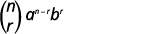 A mathematical expression featuring the binomial coefficient, represented as (n choose r), multiplied by a raised to the power of (n-r) and b raised to the power of r. This is a common term from binomial expansion.