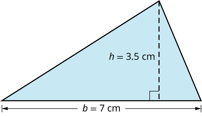 A triangle with its base marked b equals 7 centimeters and height marked h equals 3.5 centimeters.